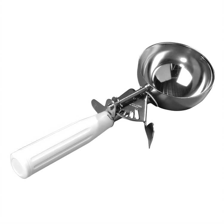 Product image #1 for Carlisle #6 Thumb Press Disher, 4-2/3 oz, 3-Inch Round Bowl, 18/8 Stainless Steel with White Ribbed Plastic Handle