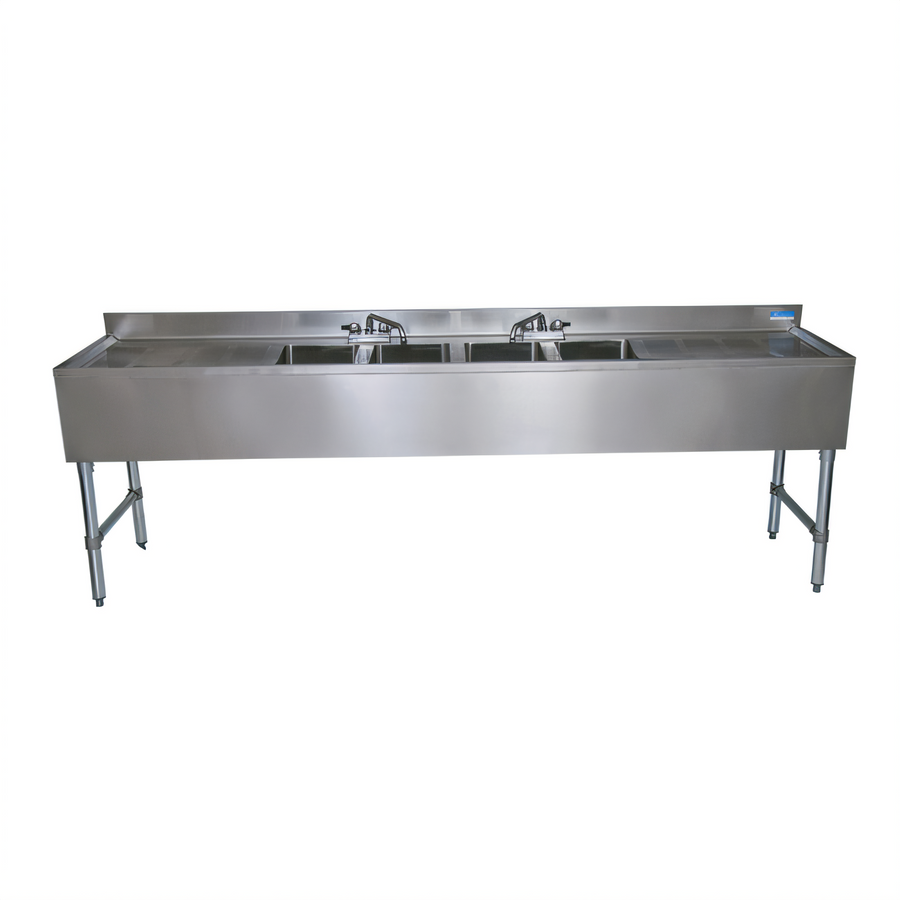 Product image #1 for BK Resources Four-Compartment Stainless Steel Underbar Sink with Dual Drainboards, 96 Inch Wide