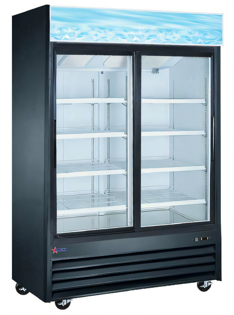 Product image #1 for Two-Section Reach-In Glass Door Merchandiser Refrigerator, 45 Cu. Ft., Bottom-Mount, Black