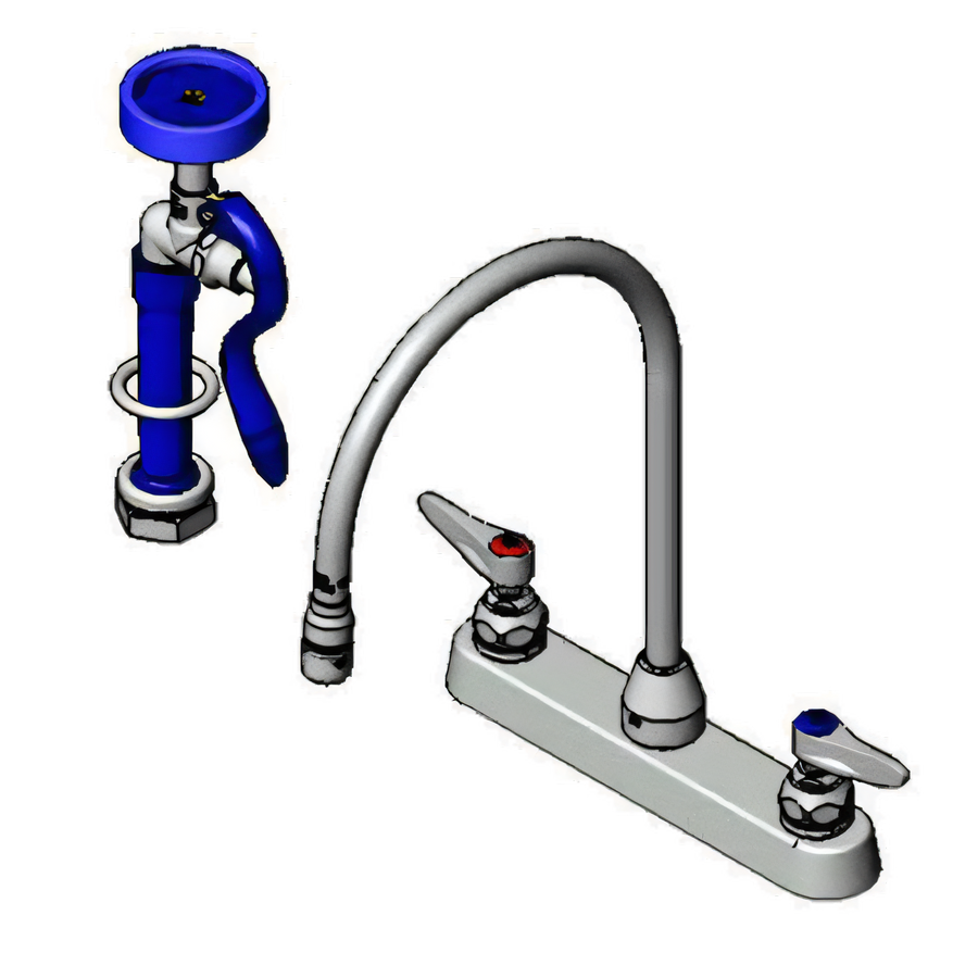 Product image #1 for T&S Brass B-1172-96-135X 8-Inch Center Deck-Mount Workboard Mixing Faucet with Swivel Gooseneck, 96-Inch Hose, and Spray Valve