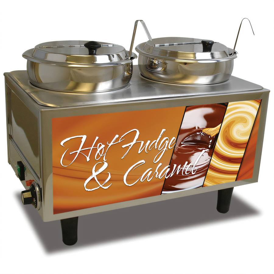 Product image #1 for Winco Benchmark Hot Fudge/Caramel Sauce Warmer with (2) 7 Quart Wells and Hinged Inset Lids