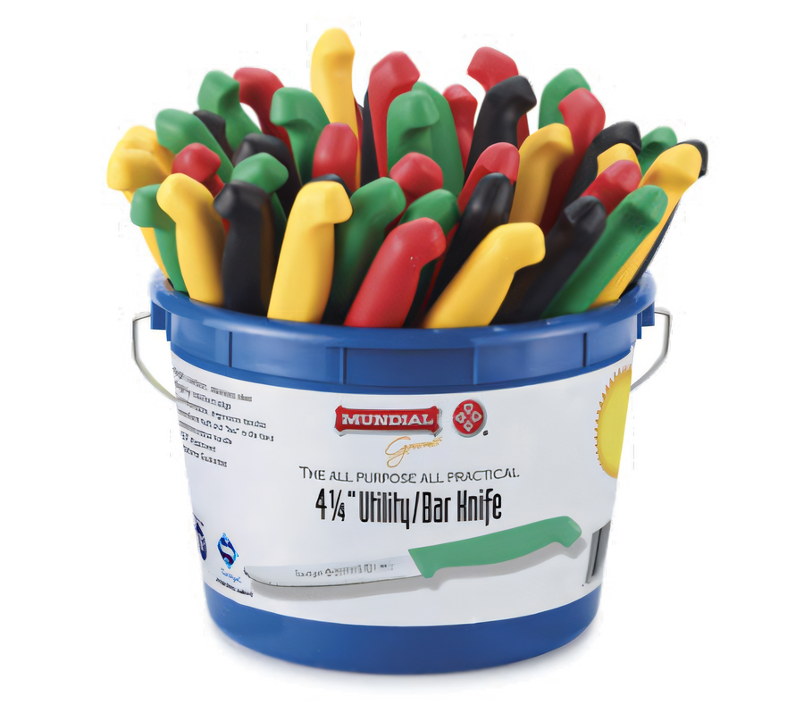 Product image #1 for Mundial 4-1/4 Inch Micro-Serrated Utility Knife, Assorted Colors, 48-Piece Bucket
