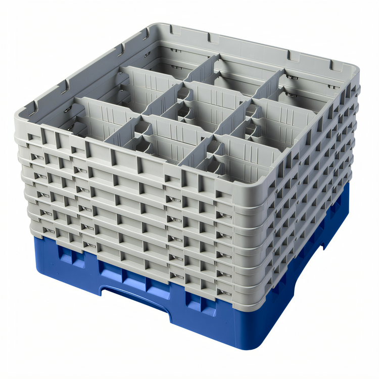 Product image #2 for Cambro Camrack Full Size 9-Compartment Blue Glass Rack with 6 Soft Gray Extenders