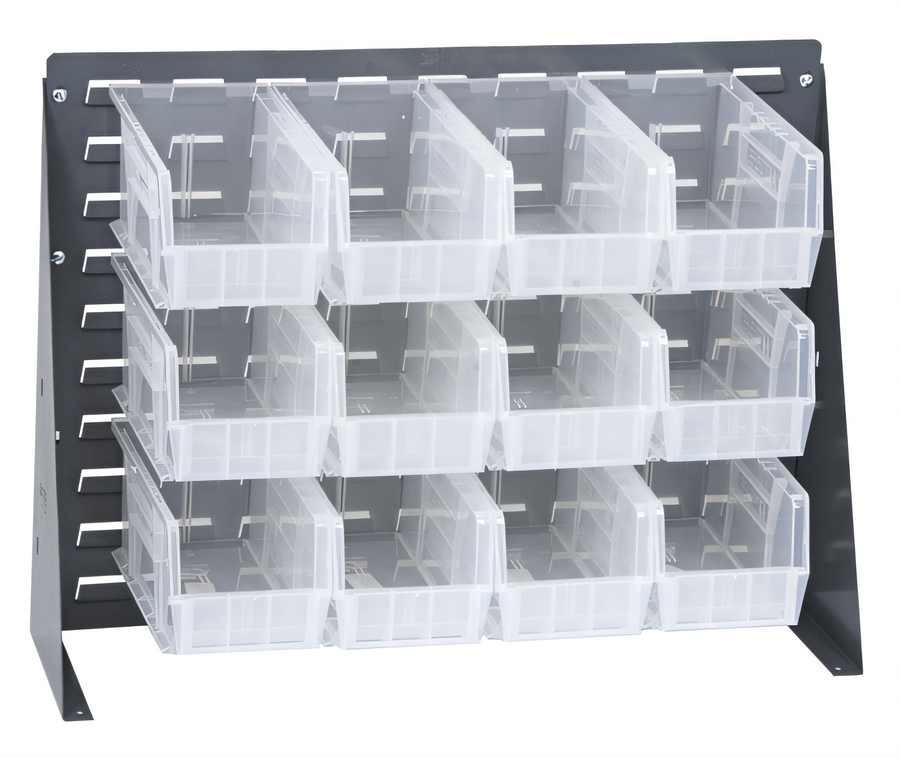 Product image #1 for Quantum 27-3/4 Inch x 8 Inch x 21 Inch Bench Rack with 12 Clear Bins, Louvered Steel, Gray Enamel Finish