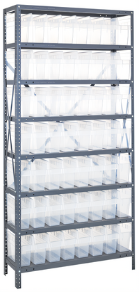 Quantum Heavy-Duty Stationary Wire Shelving Unit with 8 Shelves and 56 Clear Bins, 36 x 18 x 75 Inches