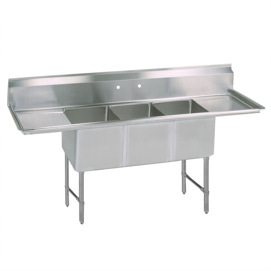 Product image #1 for BK Resources Three-Compartment Stainless Steel Sink with Left and Right Drainboards, 18 x 24 x 14 Inch Bowls
