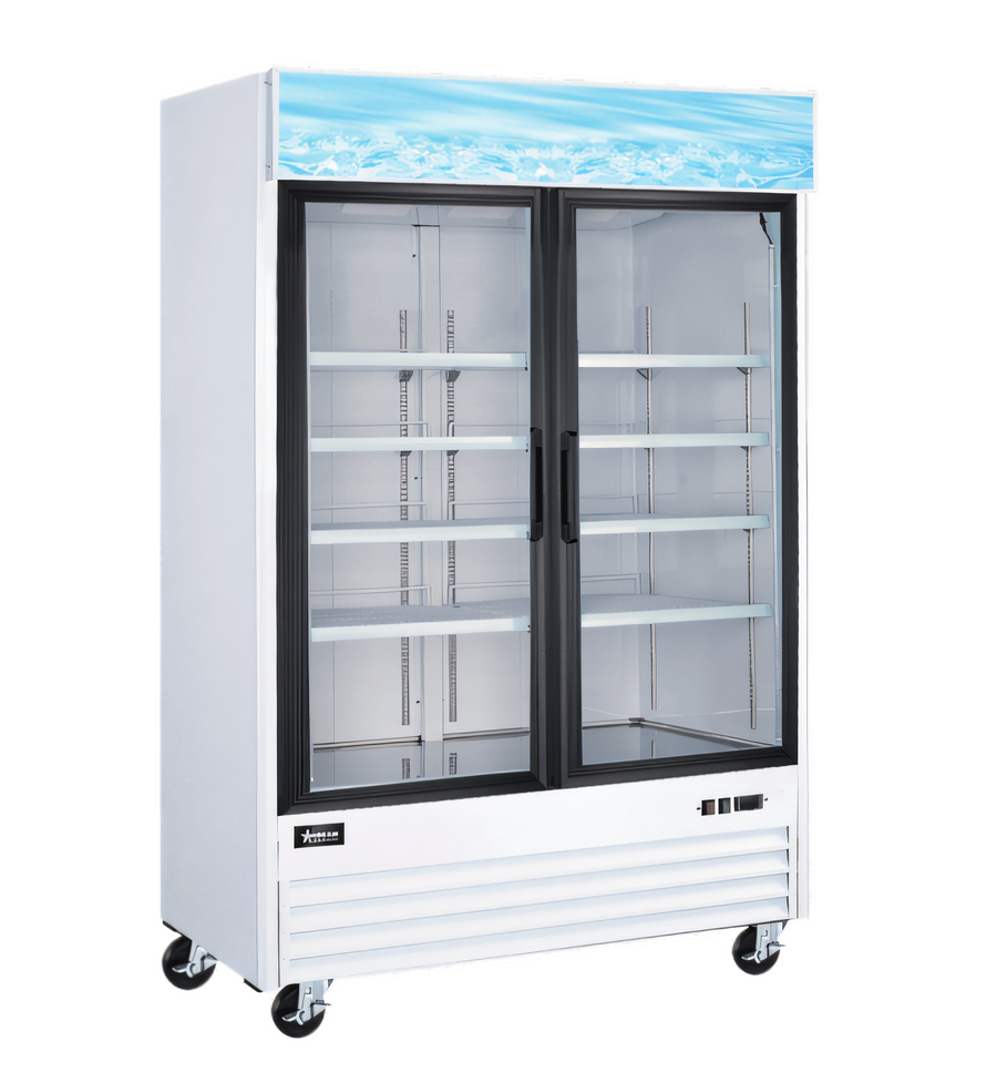 Product image #1 for Two-Section Reach-In Glass Door Merchandiser Refrigerator, 45 Cu. Ft., Bottom-Mount Self-Contained, White