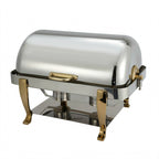 Thumbnail image #1 for Winco Vintage 108A 8 Qt Rectangular Roll-Top Chafer with 18/10 Stainless Steel Frame and Gold-Plated Brass Handles