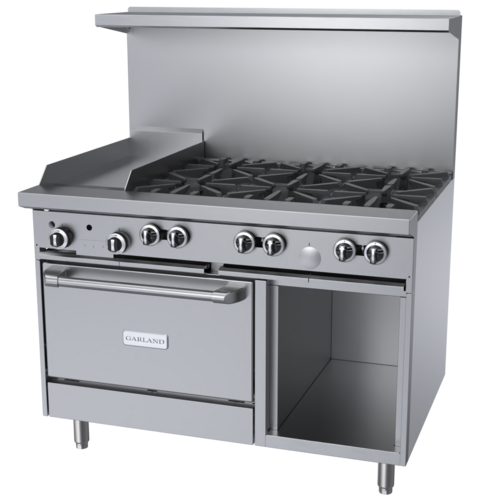Product image #1 for Garland G Starfire Pro 48-Inch Gas Restaurant Range with 6 Open Burners, 12-Inch Griddle, Convection Oven, and Storage Base