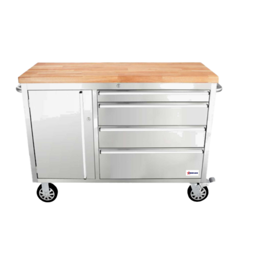 Product image #1 for Mobile Stainless Steel Work Bench with Rubberized Wood Top, 1 Door, 4 Drawers
