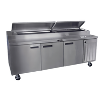 Delfield 99-Inch Three-Section Refrigerated Pizza Prep Table with Side-Mounted Self-Contained Refrigeration