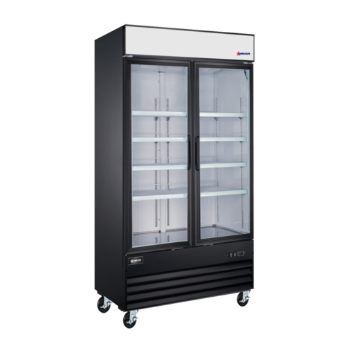 Product image #1 for Omcan Two-Section Reach-In Glass Door Merchandiser Refrigerator, 31.5 Cu. Ft., Bottom-Mount Self-Contained, Stainless Steel Exterior, Black