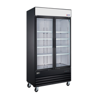 Omcan Two-Section Reach-In Glass Door Merchandiser Refrigerator, 31.5 Cu. Ft., Bottom-Mount Self-Contained, Stainless Steel Exterior, Black