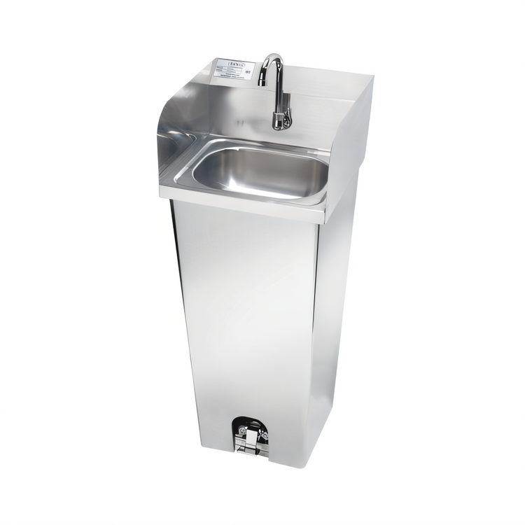 Product image #1 for Stainless Steel Pedestal Mount Hand Wash Sink with Gooseneck Faucet, Foot Pedal Valve, Side Splashes, and Backsplash