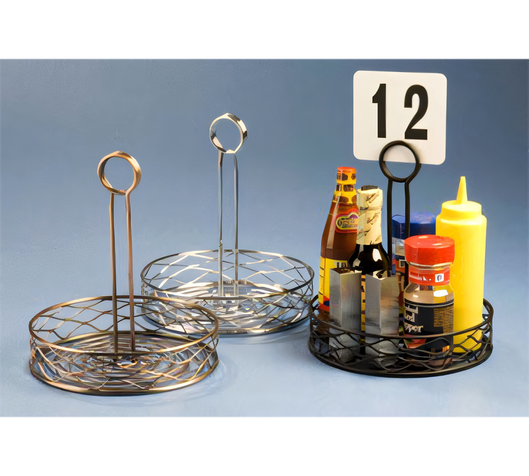 Product image #1 for Birdnest 6-Inch Round Wire Condiment Rack with Center Handle and Table Number Slot, Chrome Finish