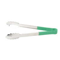 9-Inch Green Stainless Steel Scalloped-Edge Utility Tongs with Plastic Handle