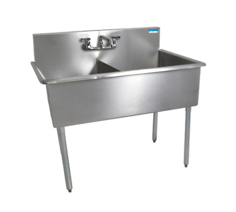 Product image #1 for BK Resources 39-Inch Two-Compartment Budget Sink with 8-Inch Backsplash, 18-Gauge 430 Stainless Steel, Galvanized Legs