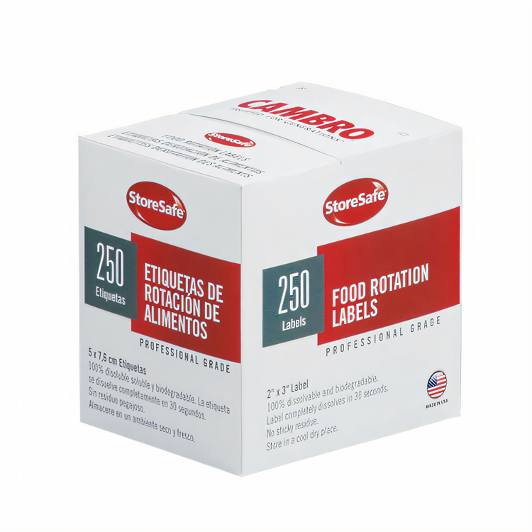 Product image #1 for Cambro StoreSafe 2 x 3 Inch White Dissolvable Food Rotation Labels, 250 Labels per Roll, 24 Rolls per Case