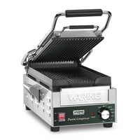 Waring Panini Compresso Slimline Commercial Panini Grill with Ribbed Cast Iron Plates, 7.75 x 14.5 Inch Cooking Surface, 120V