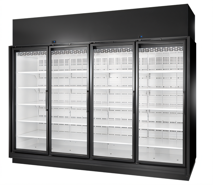 Product image #1 for True 4-Section Medium-Temperature Self-Contained Glass Door Merchandiser, Black Exterior / White Interior