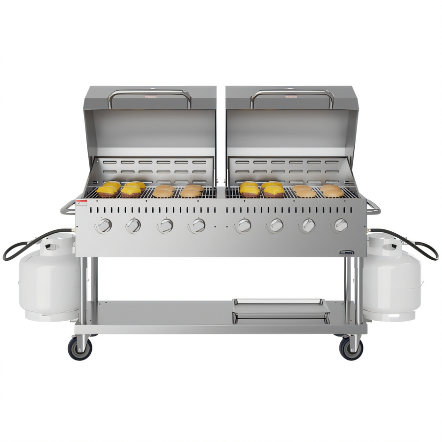 Product image #1 for KoolMore 60-Inch Mobile Commercial Outdoor Charbroiler Grill, 8-Burner, Propane, with Dual 30-Inch Roll Dome Covers