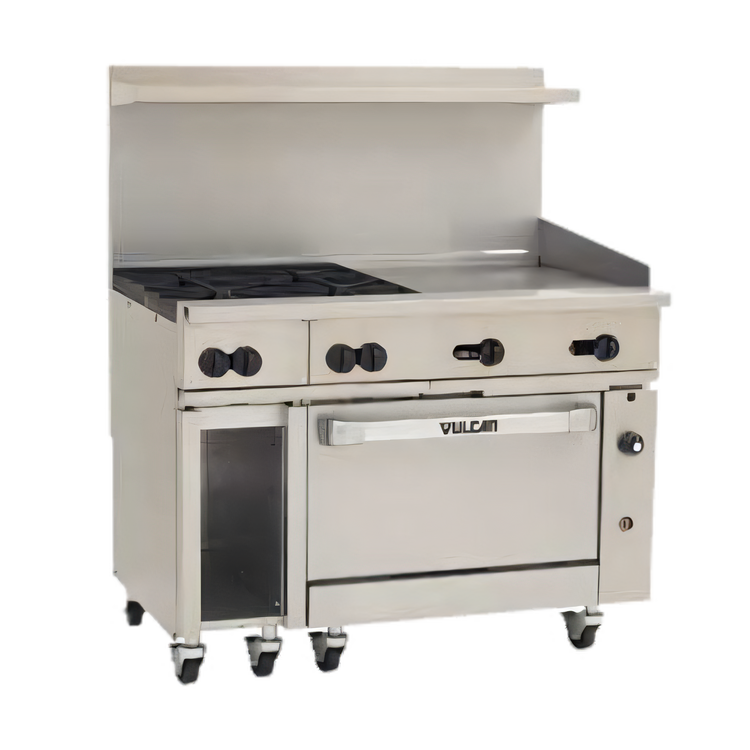 Product image #1 for Vulcan Endurance 48-Inch Commercial Gas Range with 4 Open Burners, 24-Inch Griddle, Convection Oven and Cabinet Base