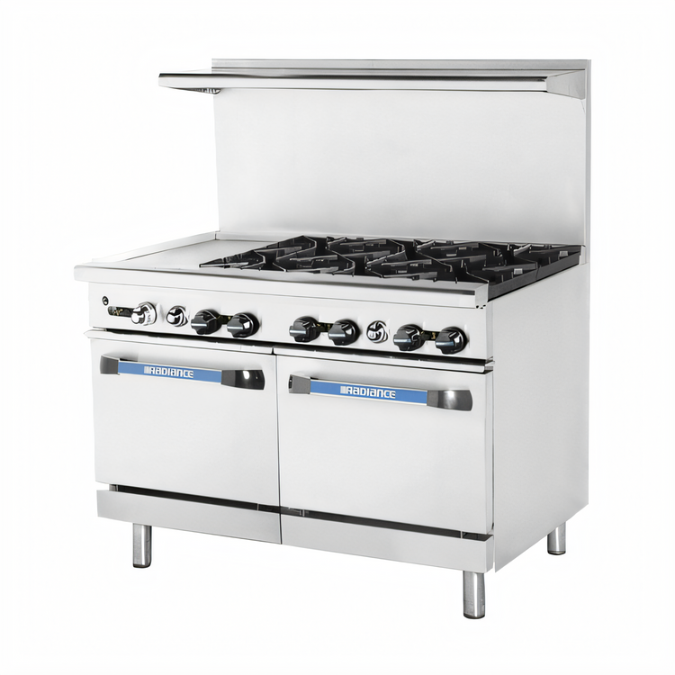 Product image #1 for Turbo Air Bake Tech Innovation Radiance 48-Inch Commercial Gas Range with 6 Open Burners, 12-Inch Griddle and 2 Standard Ovens