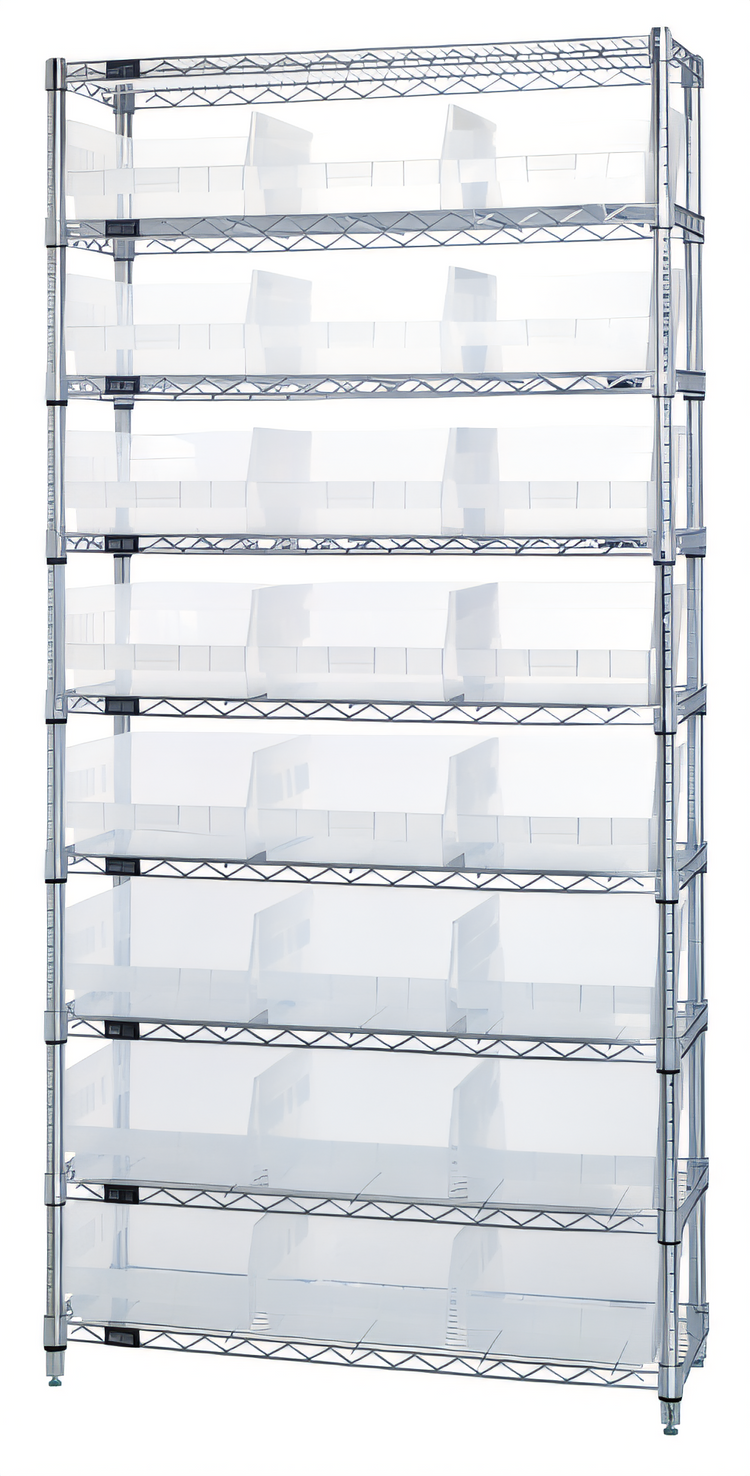 Product image #1 for Quantum 36-Inch Wide 9-Shelf Bin Wire Shelving System with 24 Clear Bins