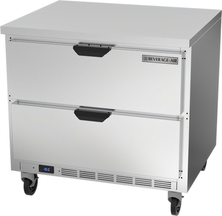 Product image #1 for Beverage-Air 36-Inch One-Section 2-Drawer Worktop Freezer, 8.7 Cu. Ft., Flat Top, Self-Contained Rear-Mounted Refrigeration