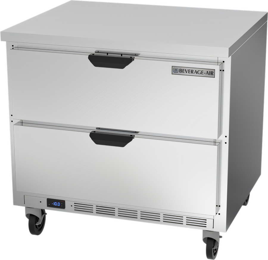 Product image #1 for Beverage-Air 36-Inch One-Section 2-Drawer Worktop Freezer, 8.7 Cu. Ft., Flat Top, Self-Contained Rear-Mounted Refrigeration