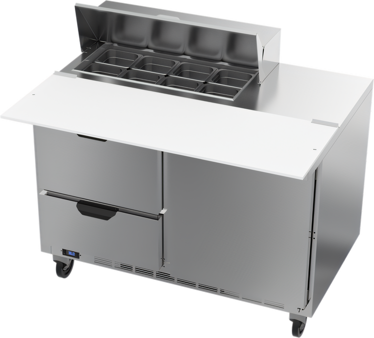 Product image #1 for Beverage-Air 48-Inch Two-Section Sandwich Prep Table Refrigerated Counter with 1 Door, 2 Drawers, and 8-Pan Top
