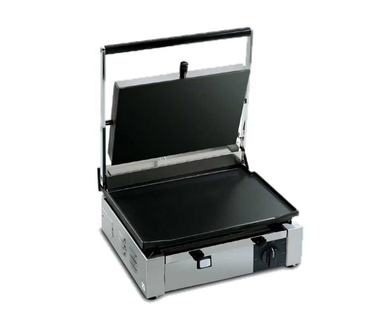 Product image #1 for Eurodib Single Countertop Panini Grill with 14.5 x 10 in Ribbed Top and Flat Bottom Cast Iron Plates
