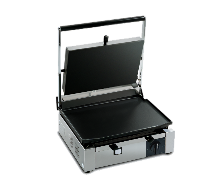 Product image #1 for Eurodib Single Countertop Panini Grill with 14.5 x 10 in Ribbed Top and Flat Bottom Cast Iron Plates