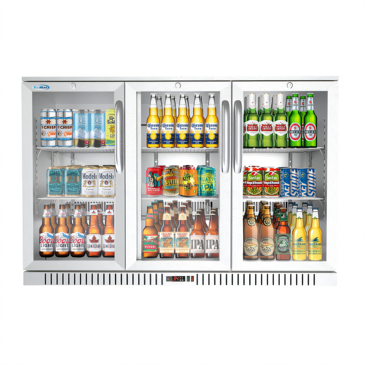Product image #1 for KoolMore Three-Section Back Bar Refrigerator with 3 Glass Swing Doors, 11.3 Cu. Ft., Stainless Steel