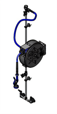 T&S Brass Enclosed Coated 30-Foot Retractable Hose Reel Assembly with Exposed Piping and Cerama Cartridges