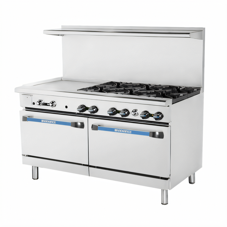 Product image #1 for Bake Tech Innovation Radiance 60-Inch Gas Restaurant Range with 6 Open Burners, 24-Inch Left Griddle and 2 Standard Ovens