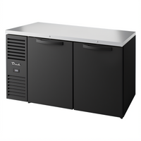True 60-Inch Two-Section Refrigerated Back Bar Cooler with Self-Contained Side-Mounted Refrigeration, Stainless Steel Top, and Black Exterior