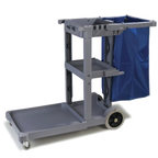 Thumbnail image #1 for CFS Brands JC1945L23 49-Inch Gray Long-Platform Janitorial Cart with 3 Raised-Edge Shelves and 25-Gallon Nylon Bag