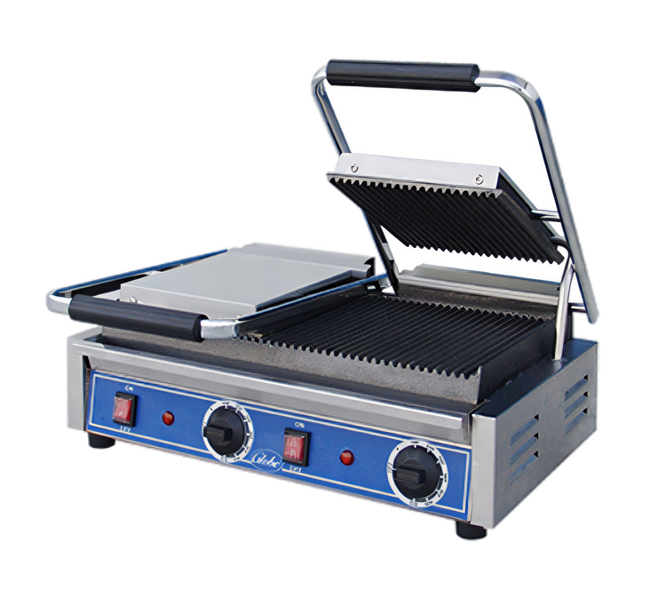 Product image #1 for Globe Double Countertop Electric Bistro Panini Grill with Grooved Cast Iron Plates