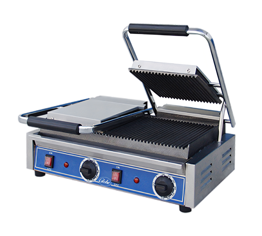 Product image #1 for Globe Double Countertop Electric Bistro Panini Grill with Grooved Cast Iron Plates
