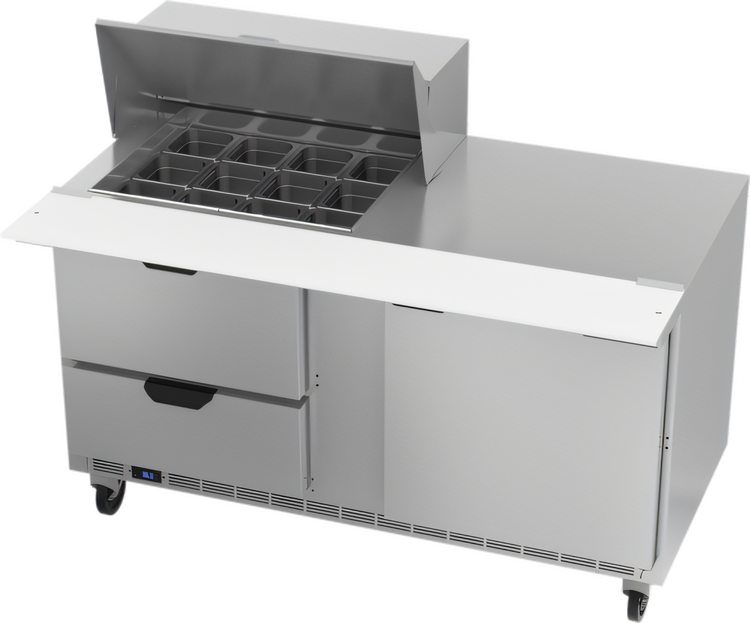 Product image #1 for Beverage-Air SPED60HC-12M-2 60" Two-Section Mega Top Refrigerated Prep Table with 12-Pan Opening, 2 Drawers and 1 Door