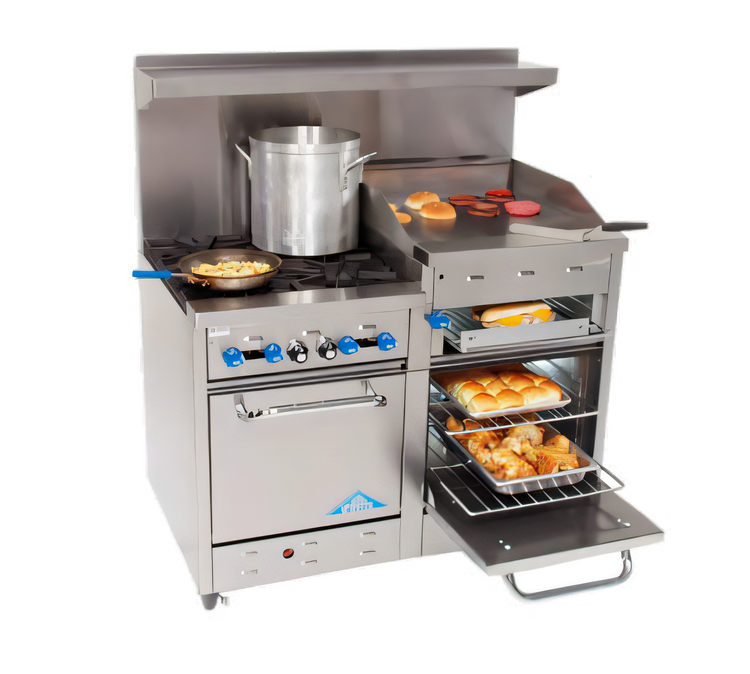 Product image #1 for Comstock-Castle 48-Inch Commercial Gas Range with 4 Open Star Burners, 24-Inch Raised Griddle, and 2 Space-Saver Ovens