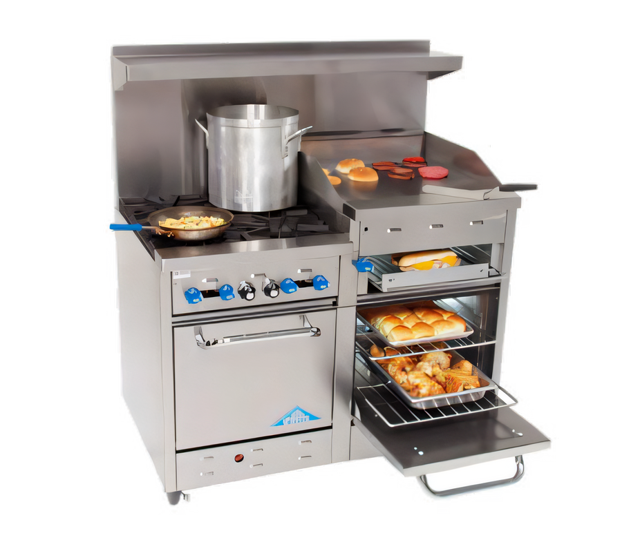 Product image #1 for Comstock-Castle 48-Inch Commercial Gas Range with 4 Open Star Burners, 24-Inch Raised Griddle, and 2 Space-Saver Ovens