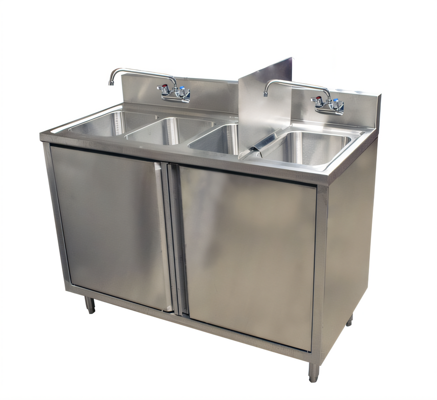 Product image #1 for BK Resources Four-Compartment Stainless Steel Sink Cabinet with Hinged Doors and Splashguard Divider