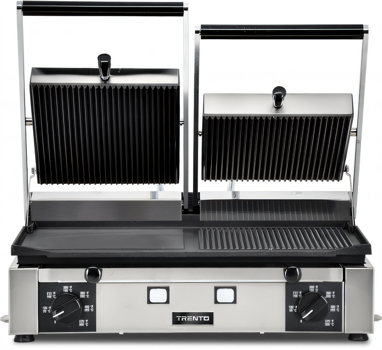 Product image #1 for Trento Commercial Countertop Double Panini Grill with Ribbed Top and 1/2 Smooth 1/2 Ribbed Bottom, 10 x 19 Inch Surface, 220V