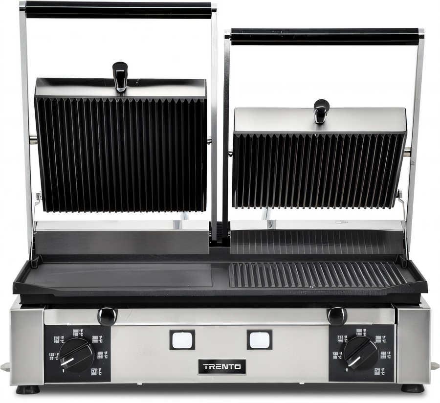 Product image #1 for Trento Commercial Countertop Double Panini Grill with Ribbed Top and 1/2 Smooth 1/2 Ribbed Bottom, 10 x 19 Inch Surface, 220V