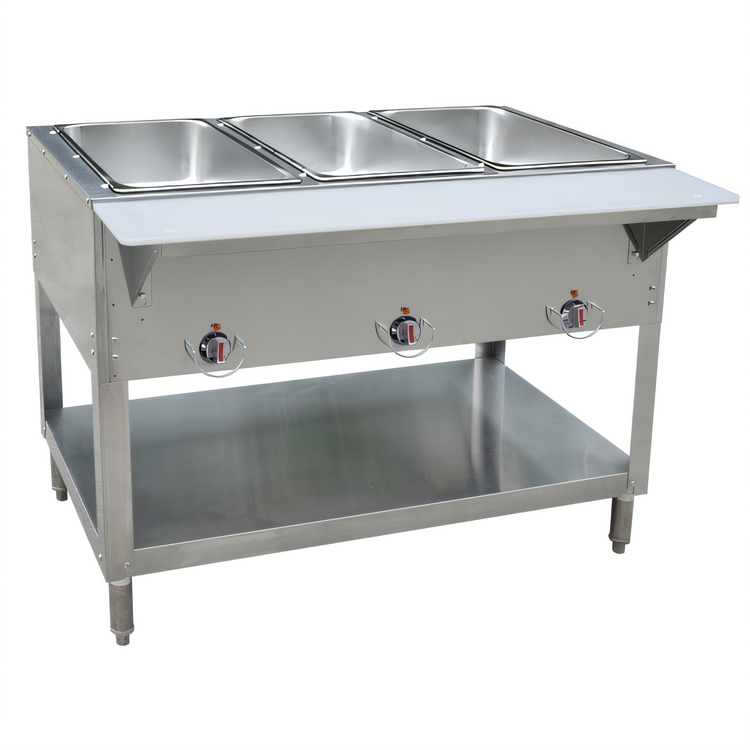 Product image #1 for BK Resources 3-Well LP Gas Hot Food Table with Cutting Board Shelf and Adjustable Undershelf