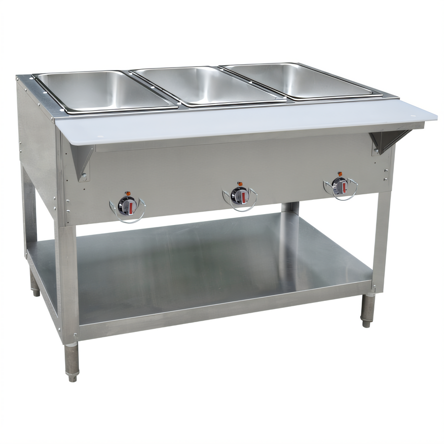 Product image #1 for BK Resources 3-Well LP Gas Hot Food Table with Cutting Board Shelf and Adjustable Undershelf