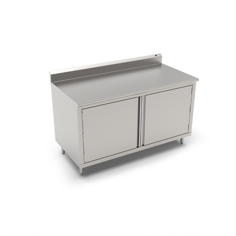 Product image #1 for John Boos 84-Inch x 36-Inch Enclosed Cabinet Base Stainless Steel Work Table with Hinged Doors and 5-Inch Backsplash