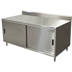 Thumbnail image #1 for BK Resources CSTR5-3072S 72"W x 30"D Stainless Steel Chef Table with Sliding-Door Cabinet Base, 14-Gauge Top, 5" Backsplash